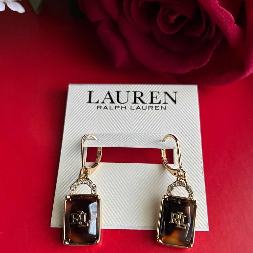 Lauren Ralph Lauren Gold and Tortoiseshell Logo Drop Earrings